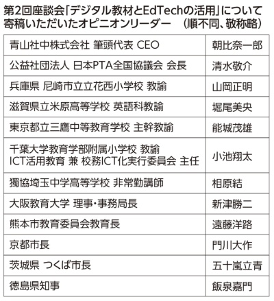 第2回座談会「デジタル教材とEdTechの活用」について寄稿いただいたオピニオンリーダー (順不同、敬称略) 青山社中株式会社 筆頭代表 CEO 朝比奈一郎 公益社団法人 日本PTA全国協議会 会長 清水敬介 兵庫県 尼崎市立立花西小学校 教諭 山岡正明 滋賀県立米原高等学校 英語科教諭 堀尾美央 東京都立三鷹中等教育学校 主幹教諭 能城茂雄 千葉大学教育学部附属小学校 教諭 ICT活用教育 兼 校務ICT化実行委員会 主任 小池翔太 獨協埼玉中学高等学校 非常勤講師 相原結 大阪教育大学 理事・事務局長 新津勝二 熊本市教育委員会教育長 遠藤洋路 京都市長 門川大作 茨城県 つくば市長 五十嵐立青 徳島県知事 飯泉嘉門