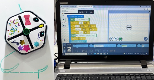 アイロボットのプログラミングロボット「Root（ルート）」。専用アプリ「iRobot Coding」（写真右）でロボット（写真左）をプログラミングして、ペンを使った描画、光や音を出すなどさまざまな動作ができる。小中学校、高等学校のプログラミングの授業での利用を想定する