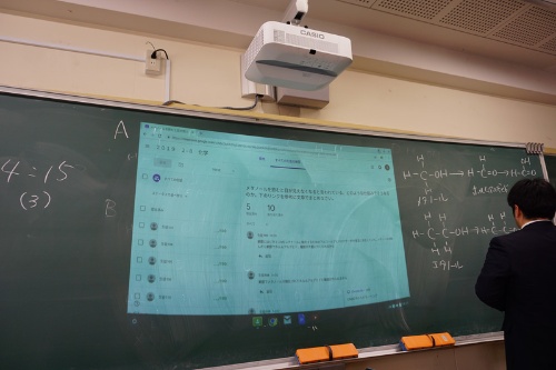 クラスルームに各グループが書き込んだ内容は、プロジェクターで黒板に映写して即座に共有できる