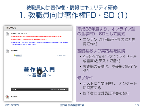 長崎大学で実施している教職員向けの著作権・情報セキュリティ研修。コンテンツ作成には「日経パソコンEdu」も利用している